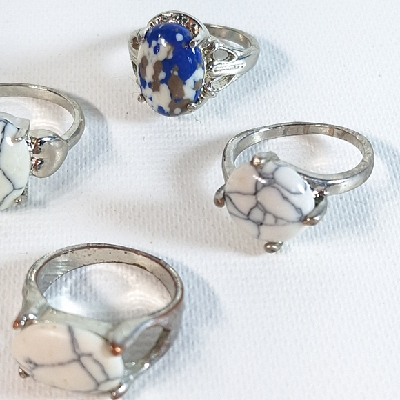 Lot of 6 Silver Tone Polished Natural Stone Rings - Picture 5 of 8